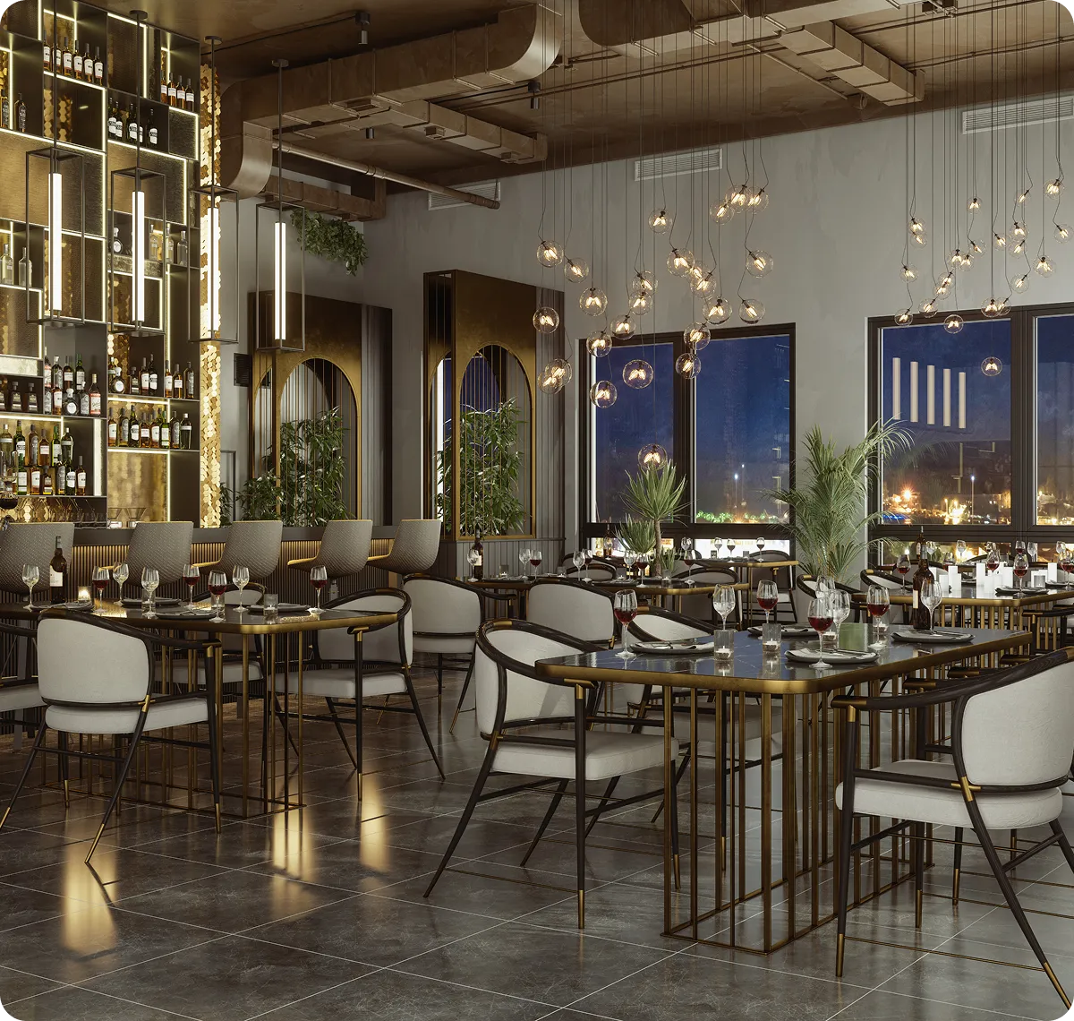 Modern restaurant interior with elegant lighting fixtures.