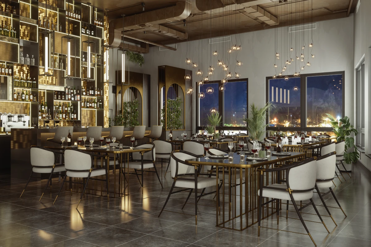 Elegant restaurant interior with city view.